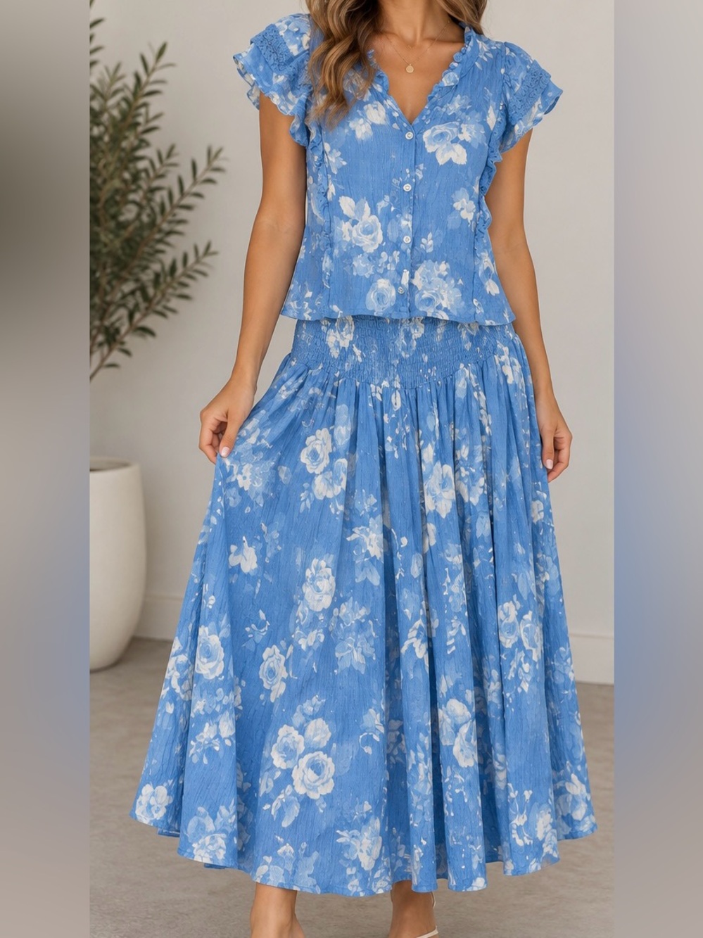 Laura Ashley Blue Floral Tiered Maxi Skirt